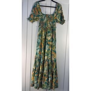 Betsey Johnson Maxi Dress Womens Small Tropical Palm Smocked Puff Sleeve Boho